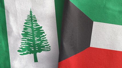 Kuwait and Norfolk Island two flags textile cloth 3D rendering