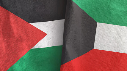 Kuwait and Palestine two flags textile cloth 3D rendering