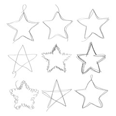 Set of hand drawn scribble stars. Collection of abstract  frames in doddles style. Design element in the shape of  star. Continuous line. Vector. Isolated on white background.