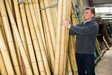 Focused man looking for natural bamboo poles at horticultural market for creating landscape design in his garden