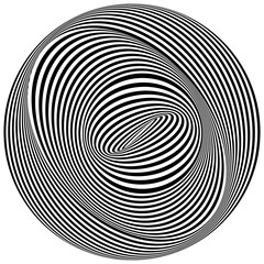 Abstract black and white striped round object. Geometric pattern with visual distortion effect. Optical illusion. Op art. Isolated on white background.