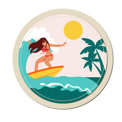 sticker picture girl surfer on the wave ocean sea island