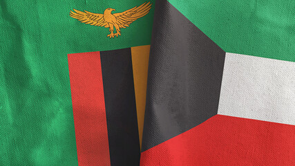 Kuwait and Zambia two flags textile cloth 3D rendering