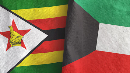 Kuwait and Zimbabwe two flags textile cloth 3D rendering