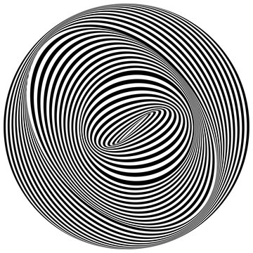 Abstract black and white striped round object. Geometric pattern with visual distortion effect. Optical illusion. Op art. Isolated on white background.