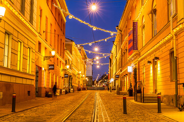 Fototapeta na wymiar Helsinki at night and Christmas decorations, Finland 