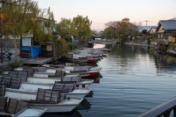 Scenery of a boat going down the Yanagawa River, a tourist attraction in Yanagawa City, Fukuoka...