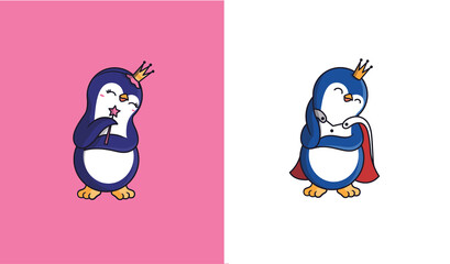 The two penguins are hugging themselves. Cartoonish baby-animals, a prince and a princess are good for family designs, t-shirts, clothes, etc. The characters are a vector illustration