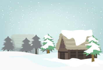 雪積もる藁葺き屋根の古民家と山の冬の風景イラスト