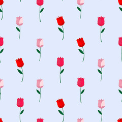 Seamless pattern with red, pink and white roses on blue background. Valentine's day. Minimalistic pattern for wrapping paper, fabric, stationery, background, banners, postcards, web pages. Vector
