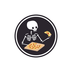 Skeleton and pizza. It can be used for sticker, patch, phone case, poster, t-shirt, mug etc.