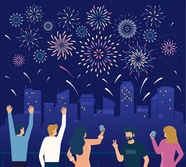 crowd watching firework and celebratin new year eve vector concept group of people having fun at night illustration can use for, landing page, template, ui, web, mobile app, poster, banner, flyer