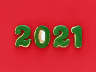 green with gold gingerbread in the form of figures 2021 new year on a red background