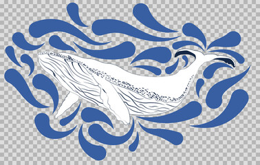 Vector hand drawn whale with splash texture on transparent background.