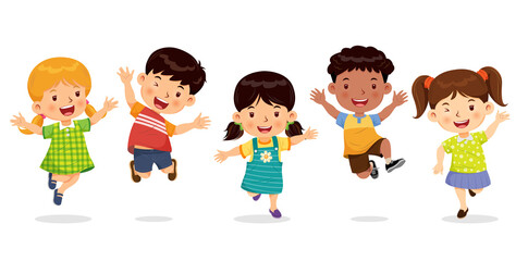 Cute boys and girls jumping with joy and fun. Cartoon character vector.