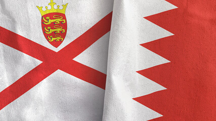 Bahrain and Jersey two flags textile cloth 3D rendering