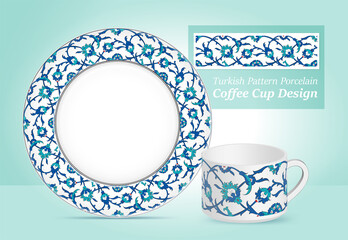 Turkish Pattern Porcelain Coffee Cup Design. Home Decor. Decorative ceramic plates and mug ornate with traditional floral pattern, Turkish motives.