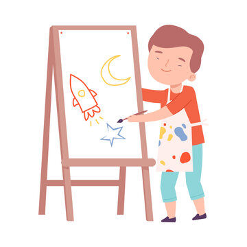 Cute Boy Painting on Canvas, Little Artist Character Drawing Space Rocket on Easel with Paints Cartoon Style Vector Illustration
