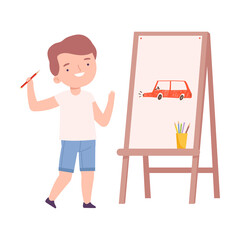 Cute Boy Painting on Canvas, Little Artist Character Drawing Car on Easel with Paints Cartoon Style Vector Illustration