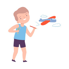 Cute Boy Drawing Biplane on Wall, Little Artist Character Drawing with Pencil Cartoon Style Vector Illustration