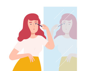 Young Woman Applying Mascara while Looking at Mirror, Beautiful Girl Doing Makeup and Dyeing her Eye Lashes Cartoon Style Vector Illustration