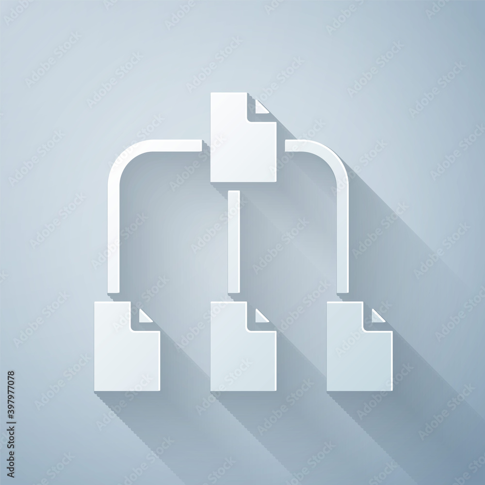 Poster paper cut folder tree icon isolated on grey background. computer network file folder organization st