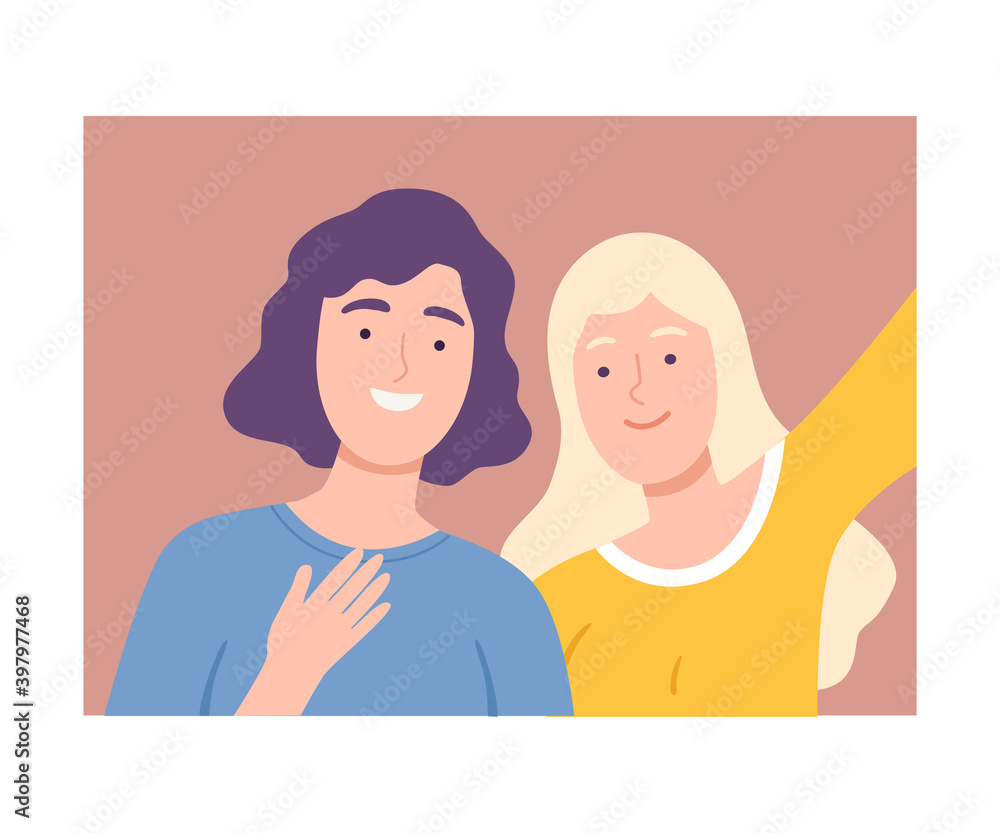 Wall mural Old Mother with Adult Daughter Making Selfie, Elderly Woman Hugging Young Woman and Photographing Cartoon Vector Illustration