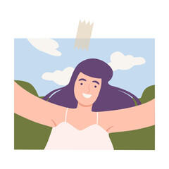 Shot of Happy Brunette Girl Taking Selfie Using Smartphone on Nature Landscape Cartoon Vector Illustration