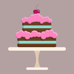 Two-tiered cake with cream and cherries on a platter. Multi-colored cakes. Cherry cake. Cream topping, berry dessert. Isolated