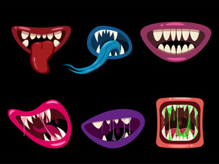 Set Monsters mouths creepy and scary Halloween. Funny jaws teeths tongue creatures expression monster horror saliva slime