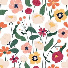 Colorful floral seamless pattern. Endless natural botanical background with blooming meadow flowers for fabric or wallpaper. Flat vector illustration of wildflowers for decorative textile print