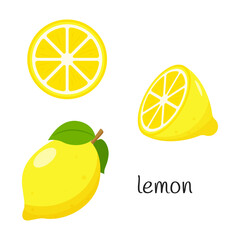 Whole lemon with leaves, half and slice. Citrus fruit icon. Flat design. Color vector illustration isolated on a white background