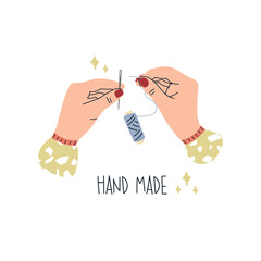 Needlework and handmade concept. Female hands holding thread and needle. Logo for a sewing workshop. Illustration hand drawing in flat style. Isolated on a white background
