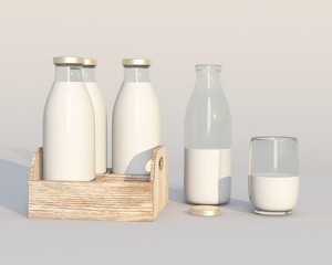 Retro milk in glass bottle 3d rendering
