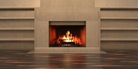 Brennender Kamin, gemütliches Interieur. 3D-Darstellung © Rawf8
