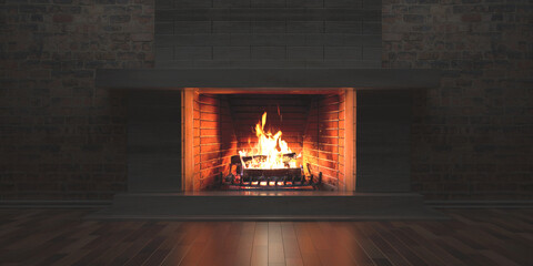 Burning fireplace, cozy home interior at christmas. 3d illustration - obrazy, fototapety, plakaty