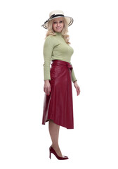 smiling woman in a summer hat striding forward