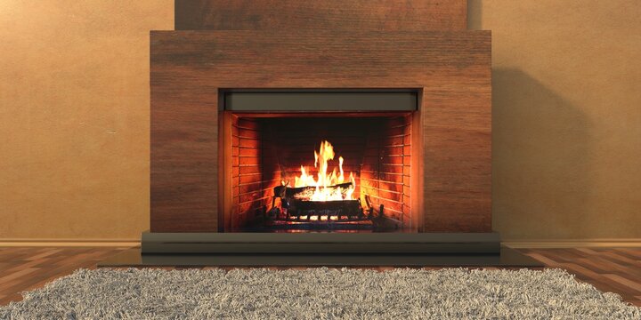Burning fireplace, cozy home interior. 3d illustration
