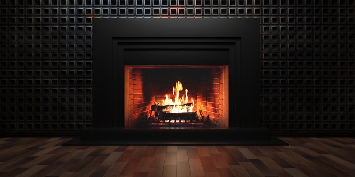 Burning fireplace, cozy home interior at christmas. 3d illustration
