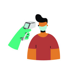 Temperature check. The doctor holds a non-contact thermometer in his hand. A man in a mask stands on a temperature test. Coronavirus prevention. Vector flat design illustration.