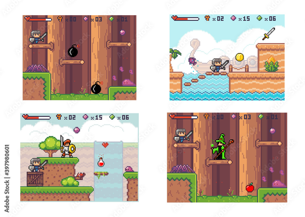 Poster set of illustrations about pixel game. knight in armor collects coins and bombs. adventure computer 