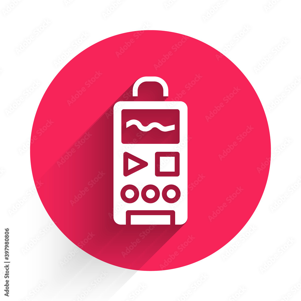 Aufkleber white dictaphone icon isolated with long shadow. voice recorder. red circle button. vector.