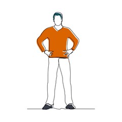 Continuous line drawing of standing young man gesture. Vector illustration