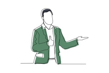Continuous line drawing of standing business man show presentation gesture. Vector illustration
