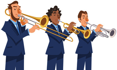 Jazz trumpet players performing on isolated white background. Playing with trombone, trumpet, cornet. Vector illustration in flat cartoon style.