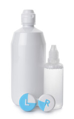 Container with contact lenses and  solutions isolated on white background