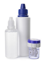 Container with contact lenses and  solution isolated on white
