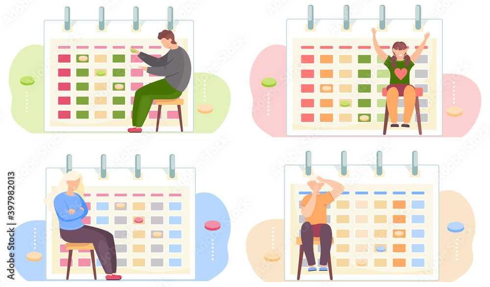 Poster adults and children sitting on a chair. people and a logic game calendar set of four scenes. timetab