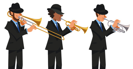Jazz trumpet players in black suits and hats performing on isolated white background. Playing with trombone, trumpet, cornet. Vector illustration in flat cartoon style. © lonesomebunny