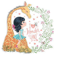 Cute girl with lovely giraffe vector illustration, t-shirt prints, cartoon designs for children, greeting cards and poster prints.
